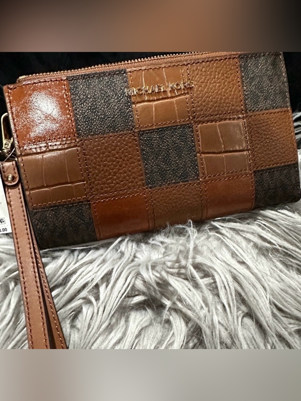 Michael Kors Adele Patchwork Leather Zip Wallet in Brown and Dark Brown